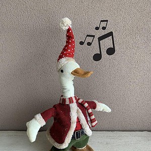 Dansende witte fladderende eend met deuntje 36 cm jongen rode jas groene broek | YID-80058J | La Galleria