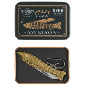 Golden fisherman's pocket knife with carabiner, presented in a stylish metal gift box.
