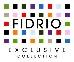 Kleurrijk logo met de tekst FIDRIO en exclusieve collectie, omringd door gekleurde blokken.