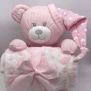 Knuffel beer met plaid deken 100x80cm roze wit | CAG-402 | La Galleria