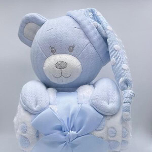 Knuffel beer met plaid deken 100x80cm blauw wit | CAG-401 | La Galleria