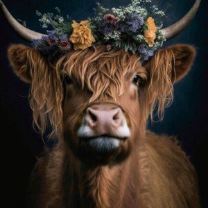 Schilderij tempered glass schotse hooglander bloemenkrans